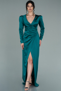 Длинное Атласное Вечернее Платье Изумрудно-зеленый ABU2126