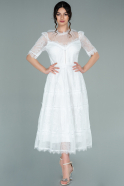 Миди Пригласительное Платье Из Кружева Белый ABK1254