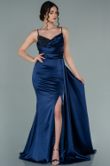 Длинное Атласное Вечернее Платье Темно-синий ABU2264
