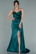 Длинное Атласное Вечернее Платье Изумрудно-зеленый ABU2264