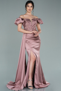 Длинное Атласное Вечернее Платье Пыльно-розовый ABU2282