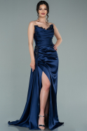 Длинное Атласное Вечернее Платье Темно-синий ABU2299