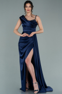 Длинное Атласное Вечернее Платье Темно-синий ABU2300