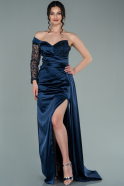 Длинное Атласное Вечернее Платье Темно-синий ABU2283