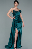 Длинное Атласное Вечернее Платье Изумрудно-зеленый ABU2338