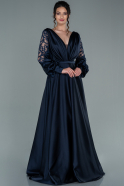 Длинное Атласное Вечернее Платье Темно-синий ABU2348