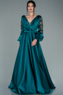 Длинное Атласное Вечернее Платье Изумрудно-зеленый ABU2348