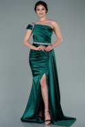 Длинное Атласное Вечернее Платье Изумрудно-зеленый ABU2363