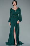 Длинное Шифоновое Вечернее Платье Изумрудно-зеленый ABU2365