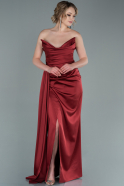 Длинное Атласное Выпускное Платье Бордовый ABU2340