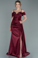 Длинное Атласное Вечернее Платье Бордовый ABU2732
