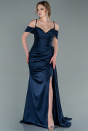 Длинное Атласное Вечернее Платье Темно-синий ABU2379