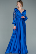 Длинное Атласное Вечернее Платье Ярко-синий ABU2348