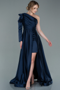 Длинное Атласное Вечернее Платье Темно-синий ABU2381