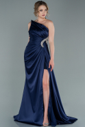 Длинное Атласное Вечернее Платье Темно-синий ABU2387
