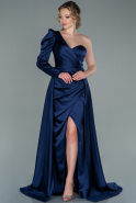 Длинное Атласное Вечернее Платье Темно-синий ABU1715