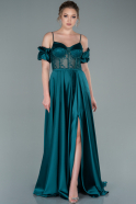 Длинное Атласное Вечернее Платье Изумрудно-зеленый ABU2417
