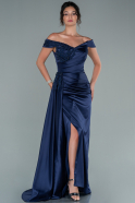 Длинное Атласное Вечернее Платье Темно-синий ABU2428
