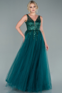 Длинное Вечернее Платье Изумрудно-зеленый ABU2469