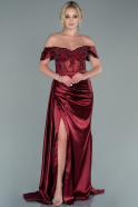 Длинное Атласное Вечернее Платье Бордовый ABU3895