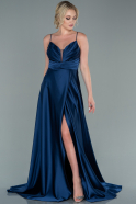 Длинное Атласное Выпускное Платье Темно-синий ABU2476
