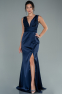 Длинное Атласное Выпускное Платье Темно-синий ABU2479