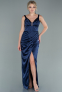 Длинное Атласное Выпускное Платье Темно-синий ABU2740