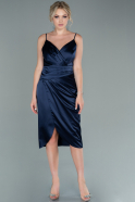 Миди Атласное Пригласительное Платье Темно-синий ABK1344