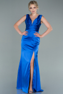 Длинное Атласное Выпускное Платье Ярко-синий ABU2479