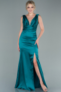 Длинное Атласное Выпускное Платье Изумрудно-зеленый ABU2479