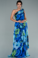 Длинное Шифоновое Вечернее Платье Синий в цветочек ABU2492