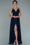 Длинное Атласное Вечернее Платье Темно-синий ABU2494