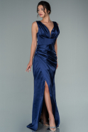 Длинное Атласное Вечернее Платье Темно-синий ABU2490