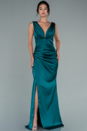 Длинное Атласное Вечернее Платье Изумрудно-зеленый ABU2490