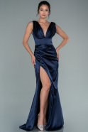 Длинное Атласное Выпускное Платье Темно-синий ABU2504