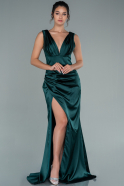 Длинное Атласное Выпускное Платье Изумрудно-зеленый ABU2504