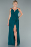 Длинное Атласное Вечернее Платье Изумрудно-зеленый ABU2494