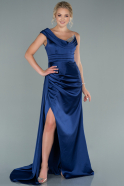 Длинное Атласное Вечернее Платье Темно-синий ABU2114