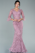 Длинное Вечернее Платье Из Кружева Пыльно-розовый ABU2508