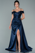 Длинное Атласное Вечернее Платье Темно-синий ABU2380