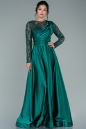 Длинное Атласное Вечернее Платье Изумрудно-зеленый ABU2382