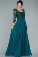 Длинное Шифоновое Вечернее Платье Изумрудно-зеленый ABU2404