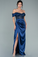 Длинное Атласное Вечернее Платье Темно-синий ABU2525