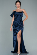 Длинное Атласное Выпускное Платье Темно-синий ABU2515