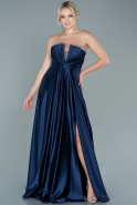 Длинное Атласное Выпускное Платье Темно-синий ABU2543