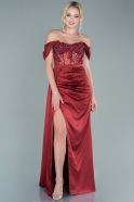 Длинное Атласное Вечернее Платье Бордовый ABU3537