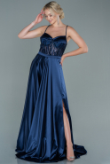 Длинное Атласное Вечернее Платье Темно-синий ABU2553