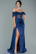 Длинное Атласное Вечернее Платье Темно-синий ABU3537