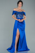 Длинное Атласное Вечернее Платье Ярко-синий ABU3537