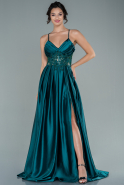 Длинное Атласное Вечернее Платье Изумрудно-зеленый ABU2583